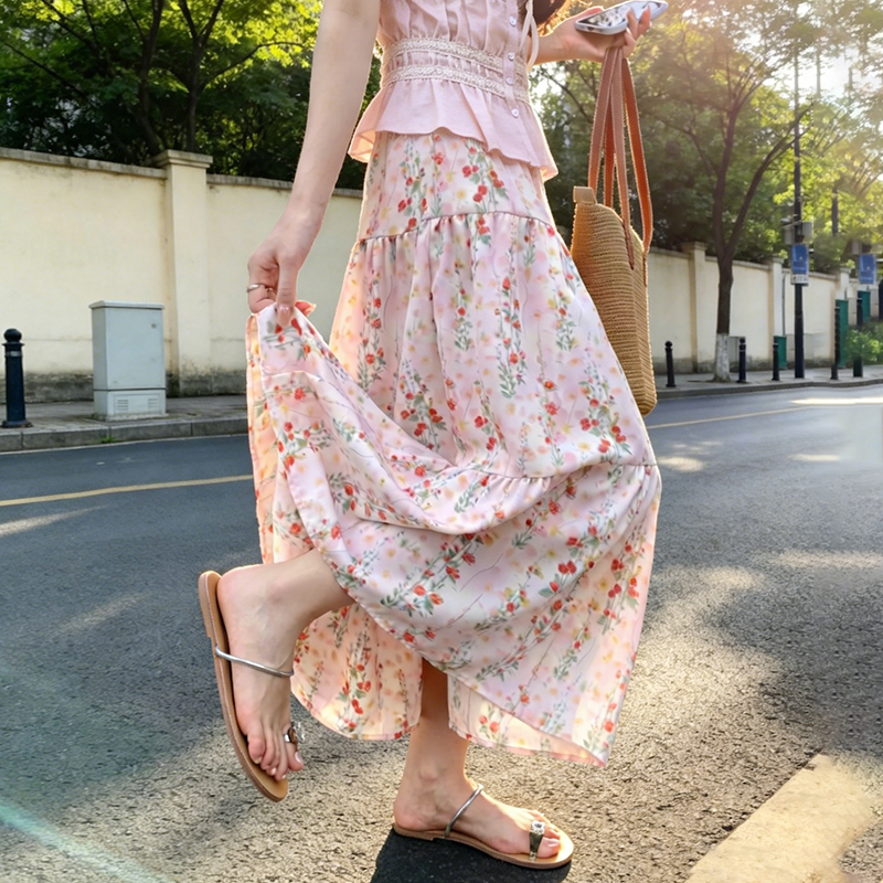 實拍粉色碎花半身裙女夏季2026新款小個子巨好看半裙高腰a字裙子