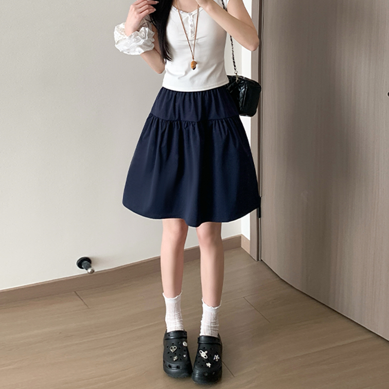 實拍藏青色半身裙女夏季2026新款學院風顯瘦A字褶皺裙五分裙傘裙