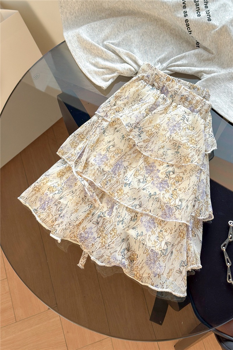實拍碎花蛋糕百褶半身裙女夏季高腰百搭顯瘦a字辣妹印花蓬蓬短裙