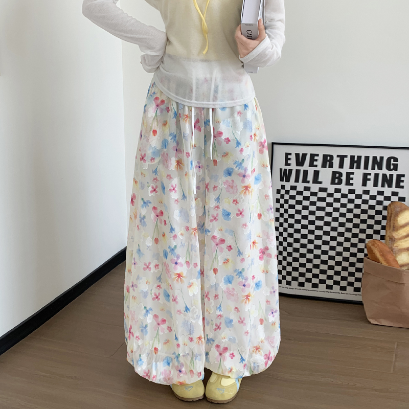 實拍彩色花苞裙褲女夏季2026新款高腰寬松九分薄款碎花闊腿燈籠褲