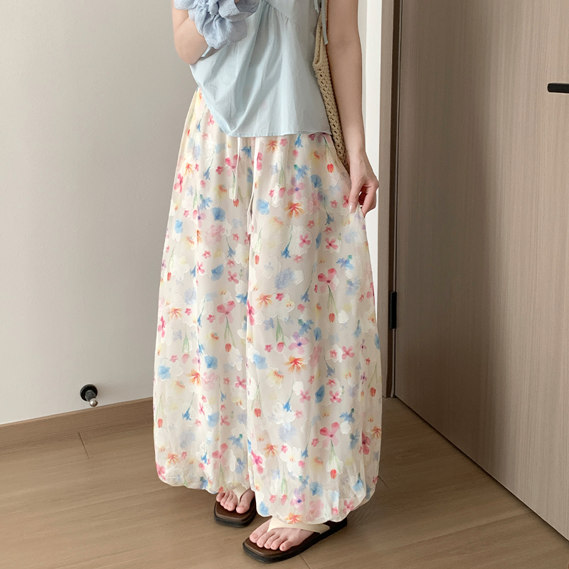 實拍彩色花苞裙褲女夏季2026新款高腰寬松九分薄款碎花闊腿燈籠褲