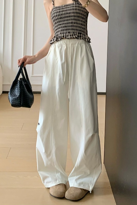 實拍白色刺繡速干工裝褲女2026夏季薄款美式高腰垂感運動闊腿褲子