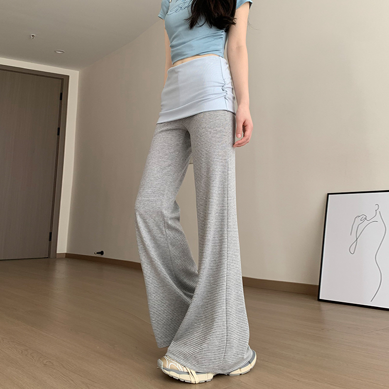 實拍白灰色拼接腰條紋微喇闊腿褲女夏季新款修身顯瘦休閑喇叭褲女