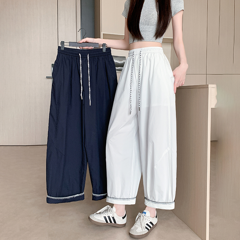 實拍冰絲闊腿褲女夏季薄款寬松休閑褲小個子涼涼彎刀鐮刀香蕉褲子