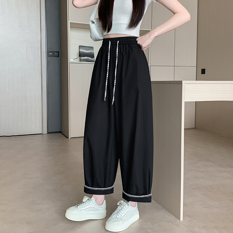 實拍冰絲闊腿褲女夏季薄款寬松休閑褲小個子涼涼彎刀鐮刀香蕉褲子