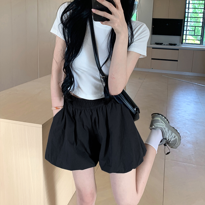 實拍花苞短褲女夏季薄款寬松垂感冰絲速干闊腿休閑運動蓬蓬裙褲子
