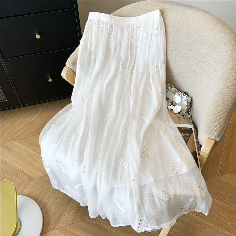 實拍流光紗刺繡半身裙女夏季2026新款感薄款垂感氣質a字蛋糕紗裙