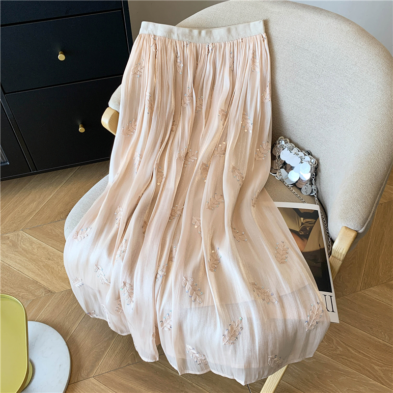 實拍流光紗刺繡半身裙女夏季2026新款感薄款垂感氣質a字蛋糕紗裙