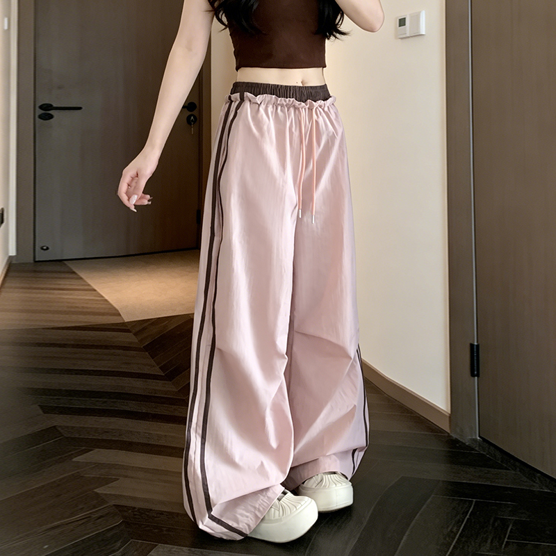 實拍粉色工裝褲女夏季高腰設計感寬松條紋運動褲子冰絲直筒休閑褲