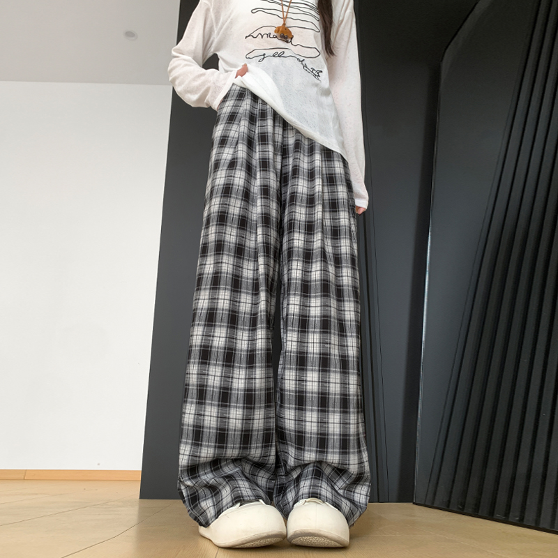 實拍藍色冰絲格子褲子女2026夏季薄款高腰顯瘦休閑格紋拖地闊腿褲