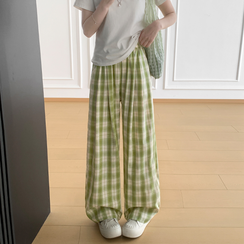 實拍藍色冰絲格子褲子女2026夏季薄款高腰顯瘦休閑格紋拖地闊腿褲