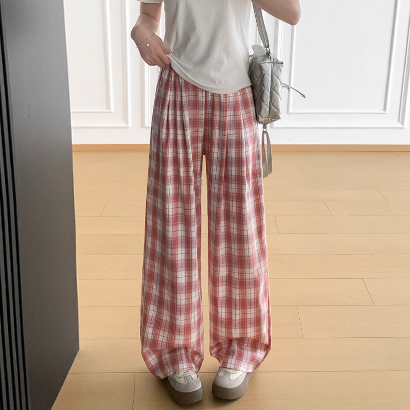 實拍藍色冰絲格子褲子女2026夏季薄款高腰顯瘦休閑格紋拖地闊腿褲
