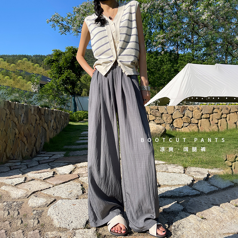 實拍冰絲山本闊腿褲女夏季薄款2026新款寬松直筒黑色涼涼休閑褲子