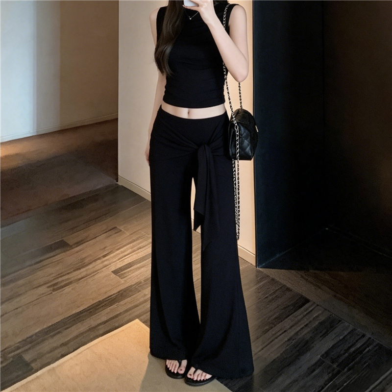 實拍褲子女夏季薄款高級垂墜感屁簾休閑顯瘦闊腿褲微喇叭運動衛褲