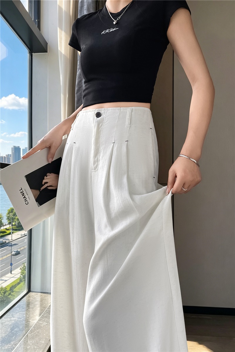 實拍天絲亞麻西裝闊腿褲女夏季薄款高腰垂感老錢風直筒棉麻休閑褲