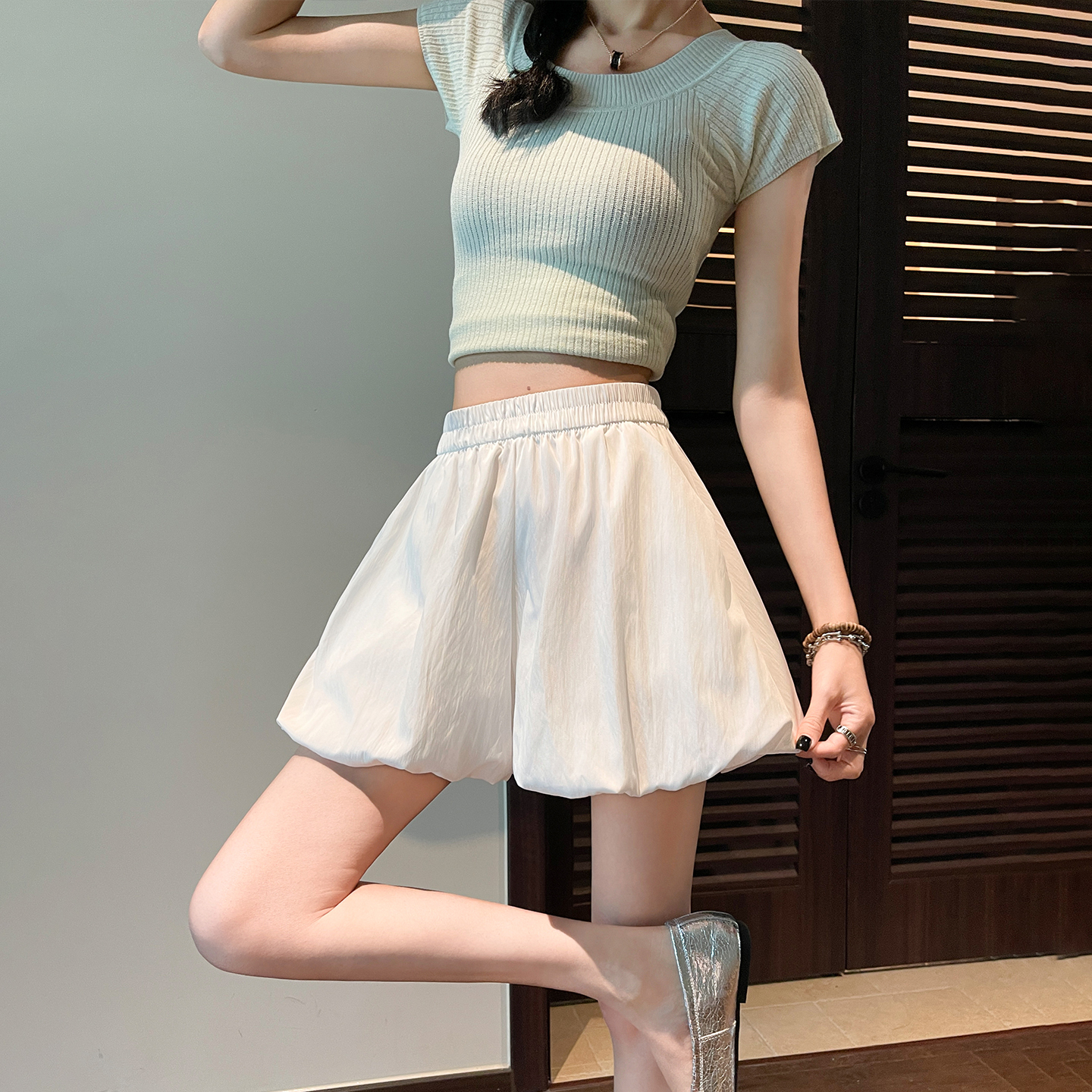 實拍花苞短褲女夏季薄款寬松垂感冰絲速干闊腿休閑運動蓬蓬裙褲子