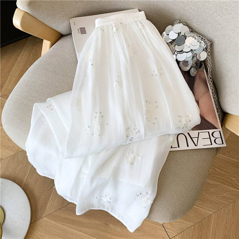 實拍流光紗刺繡半身裙女夏季2026新款高腰氣質垂感A字中長款傘裙