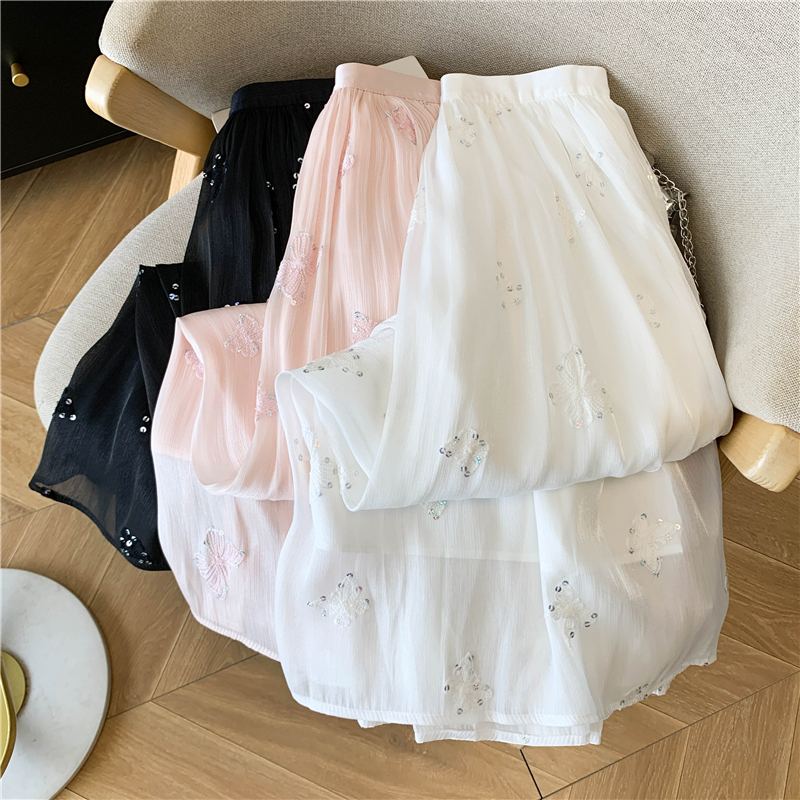 實拍流光紗刺繡半身裙女夏季2026新款高腰氣質垂感A字中長款傘裙