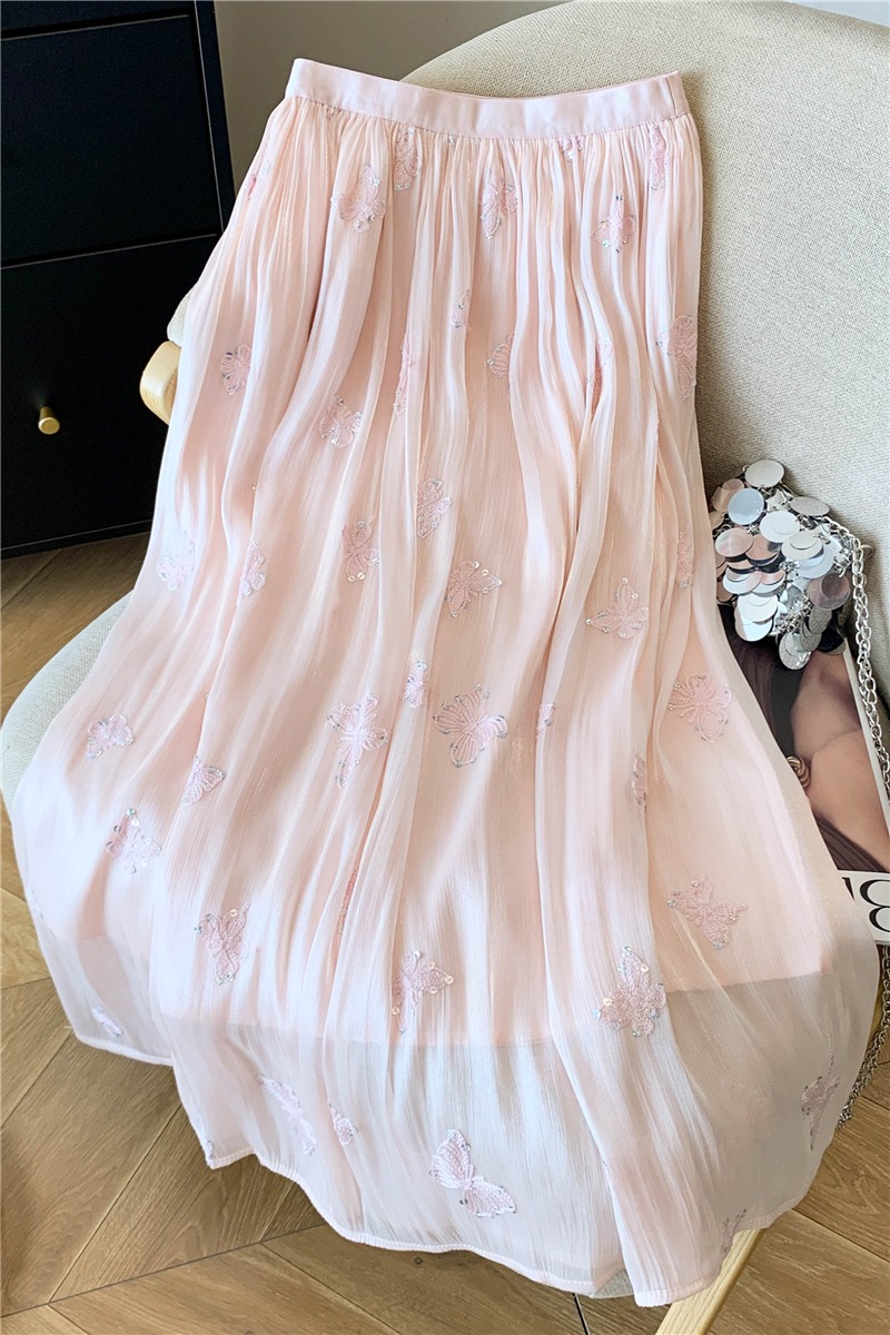 實拍流光紗刺繡半身裙女夏季2026新款高腰氣質垂感A字中長款傘裙