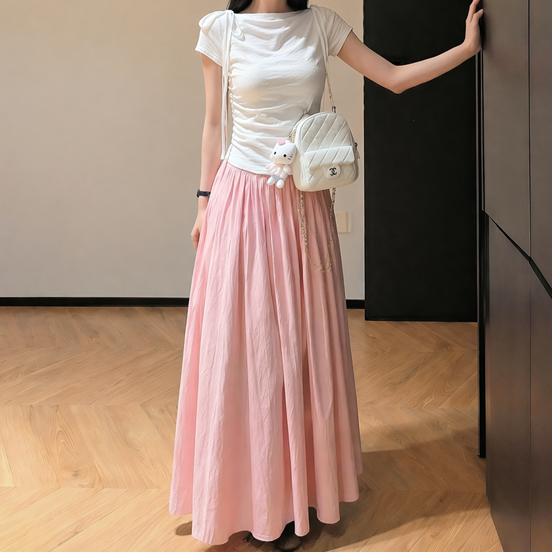 實拍半身長裙輕奢高級感垂感女夏季2026新款褶皺高腰a字大擺傘裙