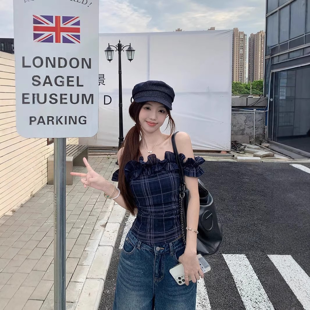 MY11449# 设计感一字肩格纹气质短袖衬衫女装夏季修身显瘦百搭上衣女裝貨源服裝批發
