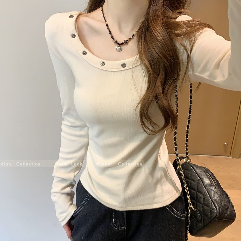 MY16407# MR螺纹德绒低圆领铆钉设计羊绒打底衫修身显瘦长袖上衣女裝...