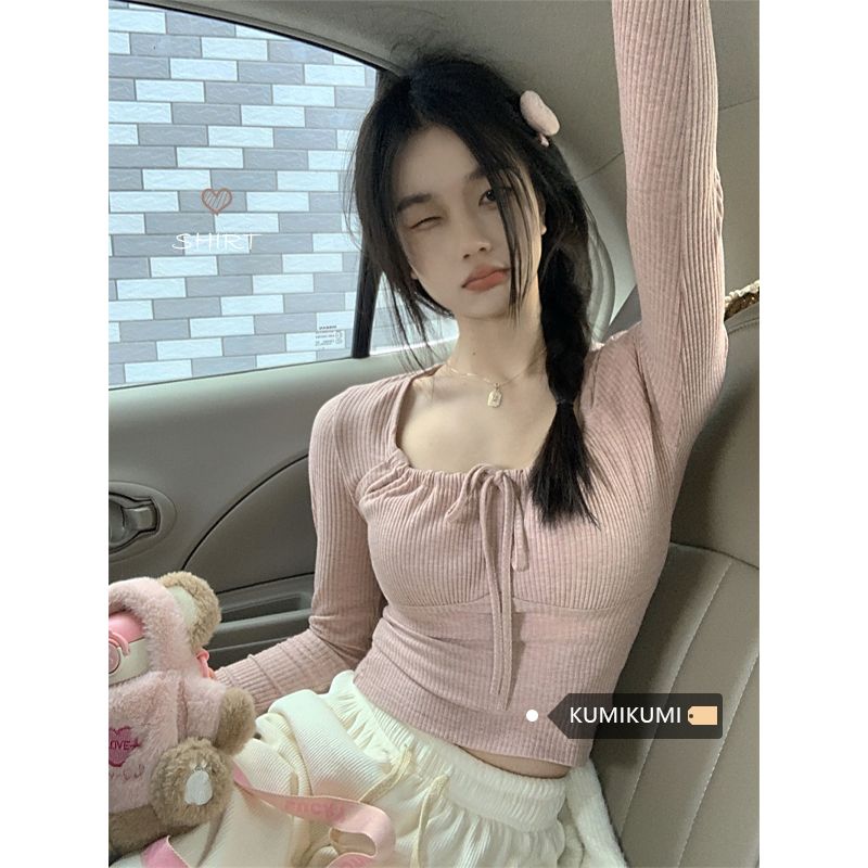 MY16404# 粉色小众修身显瘦紧身内搭长袖女春设计感毛衣打底衫上衣女裝...