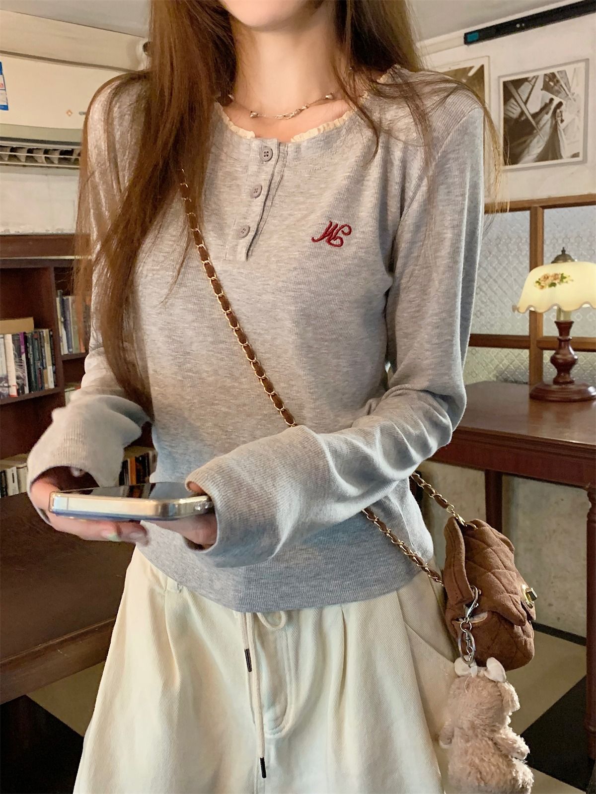 MY16405# 螺纹德绒原版做法花边圆领长袖T恤打底衫内搭女裝貨源服裝批...