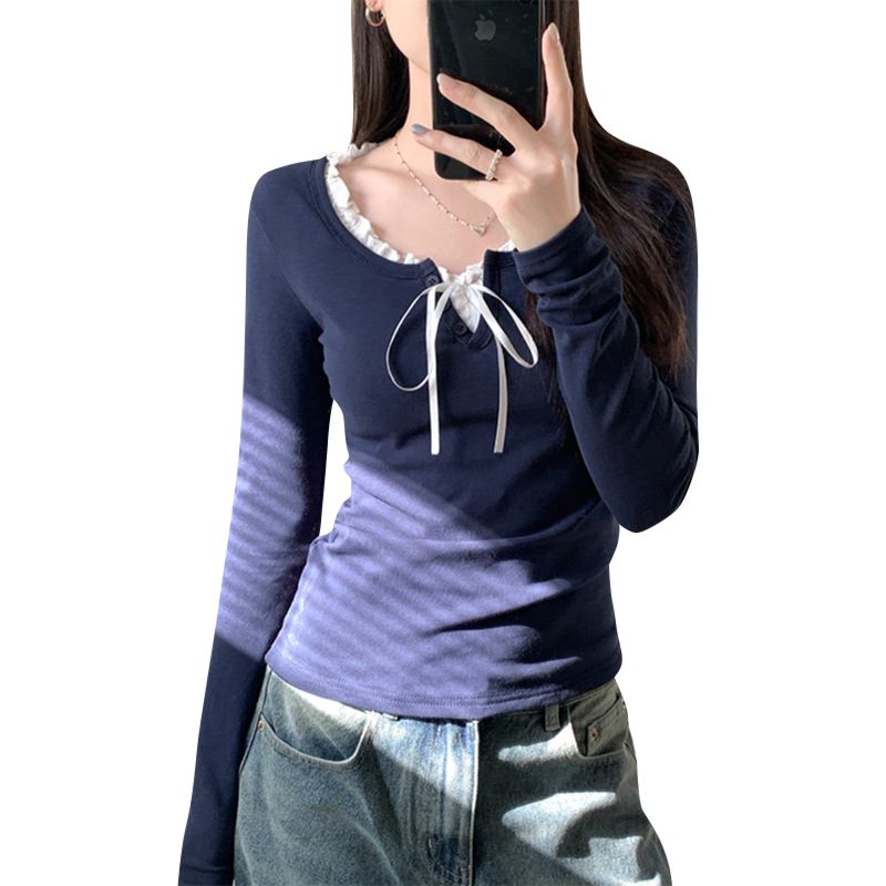 MY17346# 高弹罗纹德绒花边拼接长袖T恤修身打底衫上衣女裝貨源服裝批發