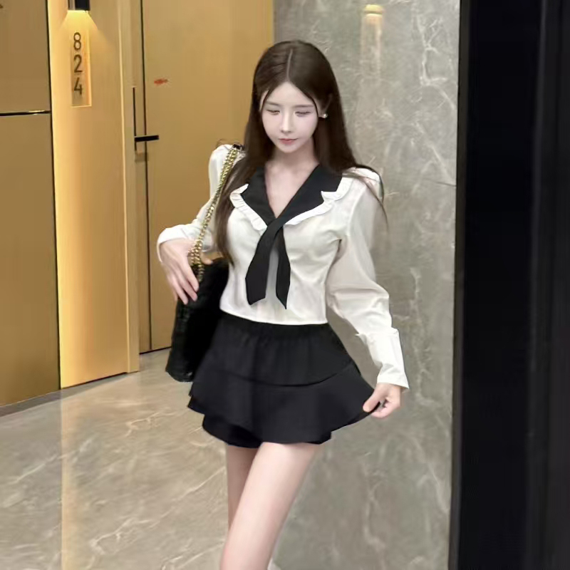 MY13584# POLO领气质修身衬衣+高腰短裙学院风辣妹套装女裝貨源服...