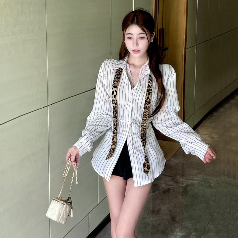 MY13583# 新款条纹单排扣收腰修身显瘦气质长袖衬衫百搭上衣女裝貨源服...