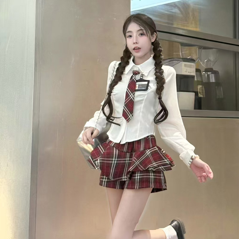 MY13582# POLO领气质修身衬衣+高腰短裙学院风辣妹套装女裝貨源服...