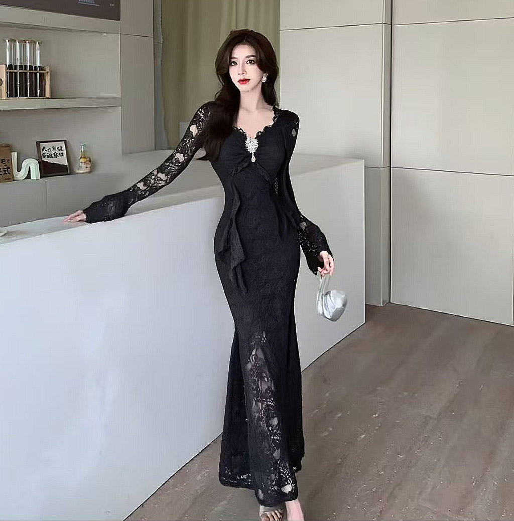 MY13579# 新款修身显瘦包臀鱼尾裙年会长裙蕾丝连衣裙女裝貨源服裝批發