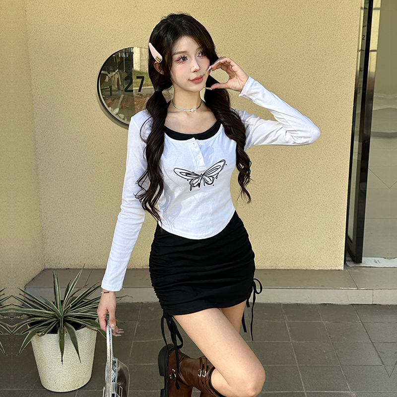 MY15246# 新款长袖T恤上衣+性感挂脖无袖包臀连衣裙套装女裝貨源服裝...