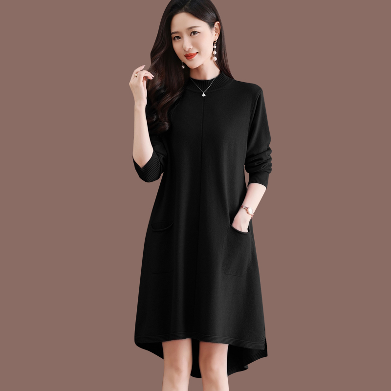 MY15554# 不规则中长款毛衣新款宽松半高领羊毛针织连衣裙打底女裝貨源...