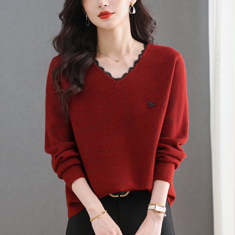 MY15553# V领蕾丝边毛衣新款大码宽松洋气妈妈羊毛针织打底上衣女裝貨...