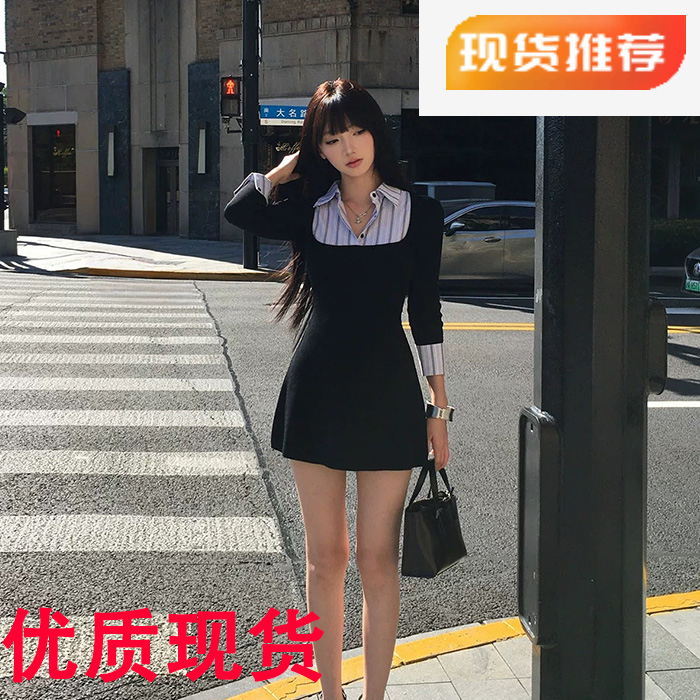 MY13576# 假两件拼接POLO领衬衫长袖连衣裙收腰针织包臀裙女裝貨源...