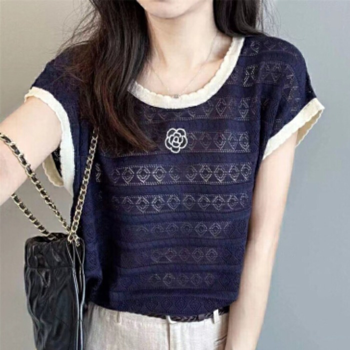 MY17315# 新款撞色镂空花边小飞袖上衣针织衫薄款短袖女夏女裝貨源服裝...