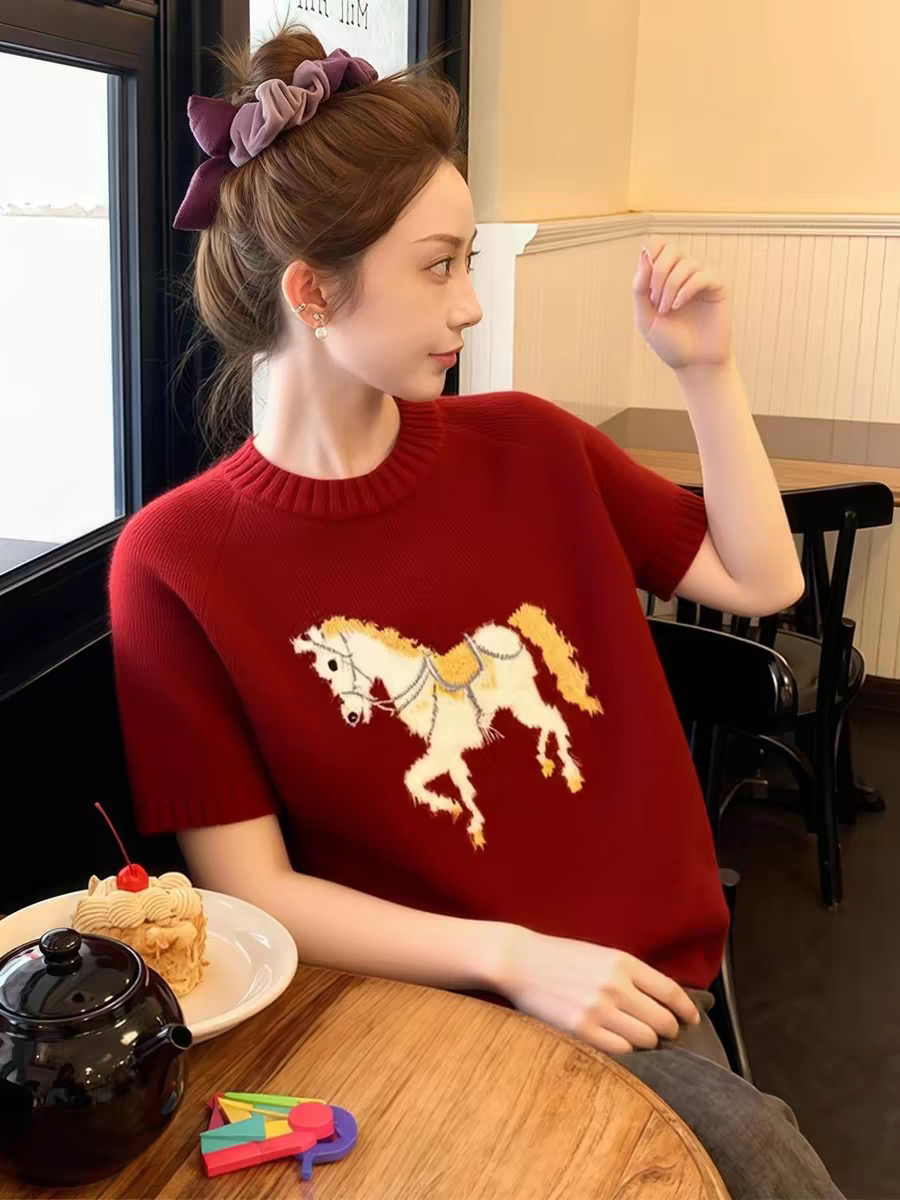 MY17486# 红色小马短袖针织衫新款穿搭马年本命年衣服打底衫女裝貨源服裝批發