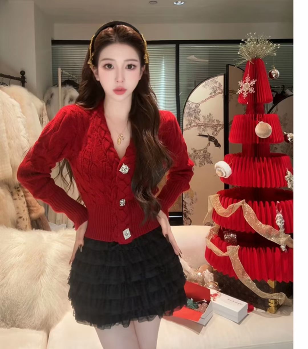 MY15355# JAYKY YANG轻柔日常2.0露肩长袖针织包臀裙女镂...