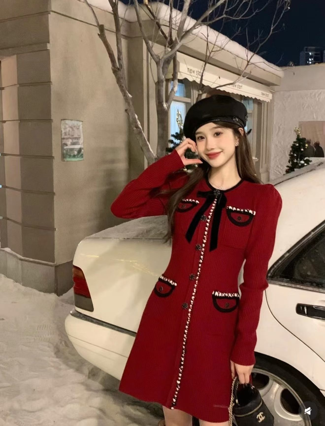 MY15354# 小香风蝴蝶结撞色针织连衣裙女高端圣诞新年厚实气质轻奢圆领...