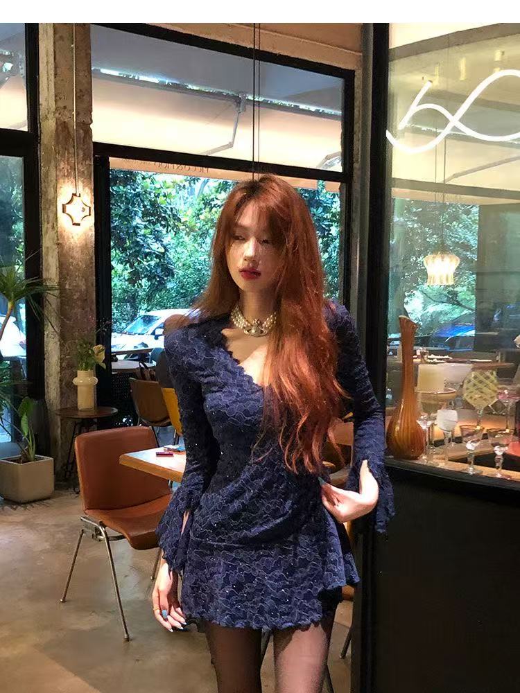 MY16462# 纯欲风蓝色烫钻长袖连衣裙蕾丝拼接短裙v领收腰修身a字裙子...