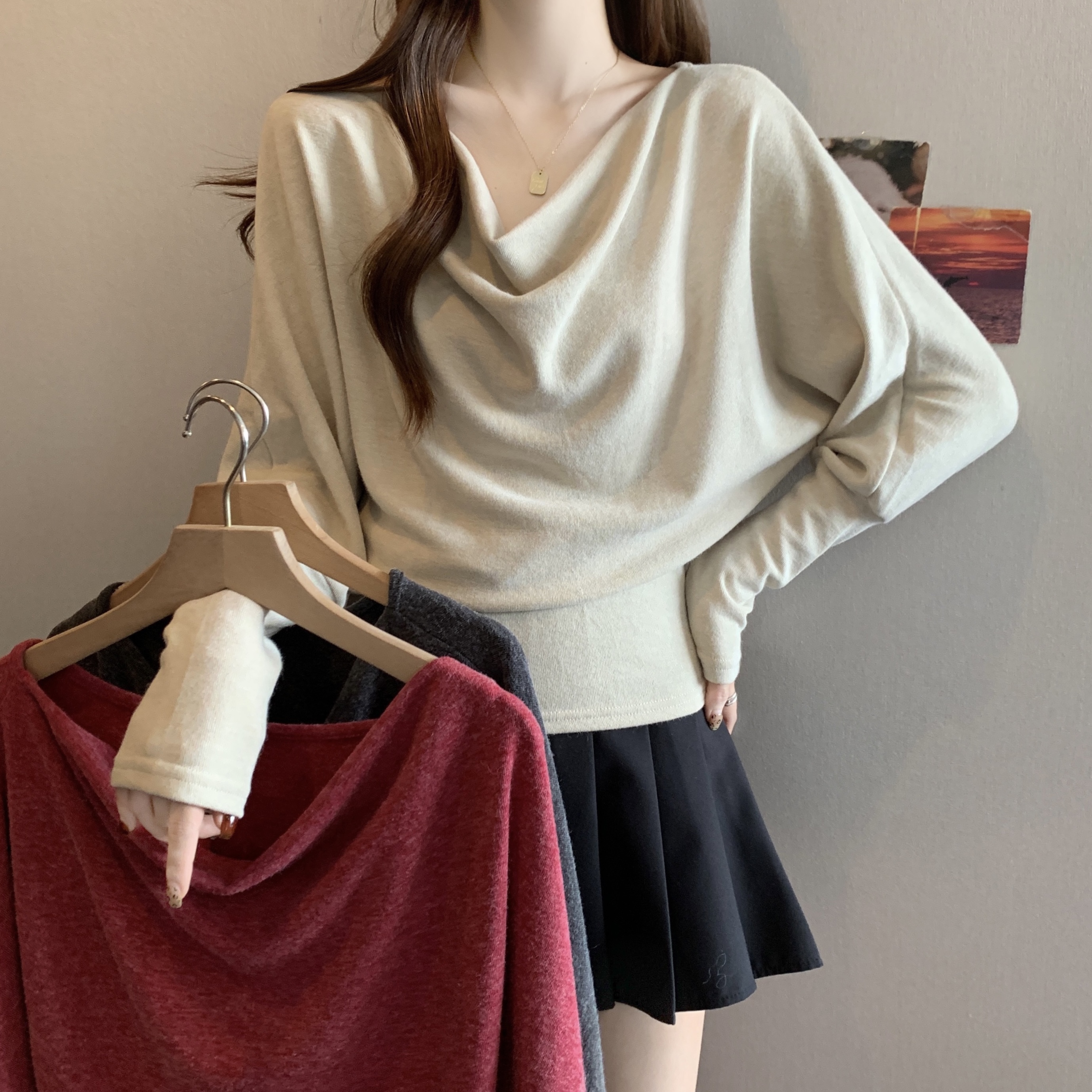 MY14661# 新款韩版大码女装长袖荡领套头T恤胖MM蝙蝠袖上衣女裝貨源服裝批發