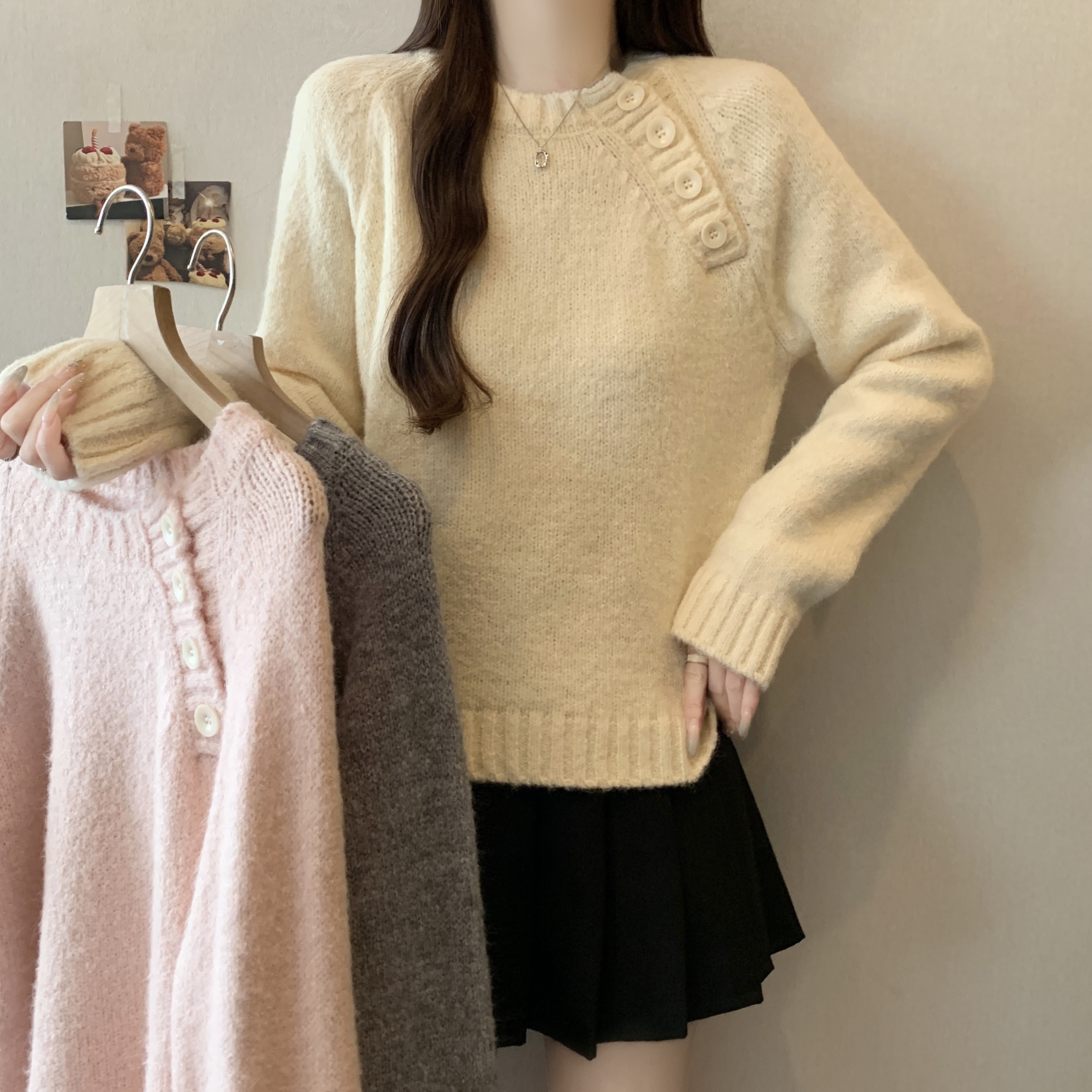 MY14660# 新款大码女装扣子圆领套头毛衣胖MM百搭针织上衣女女裝貨源服裝批發