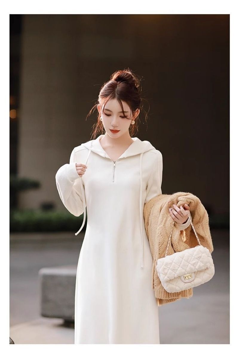 MY16493# 韩版爆款连帽连衣裙新款MM收腰显瘦遮肚休闲过膝卫衣裙女裝...