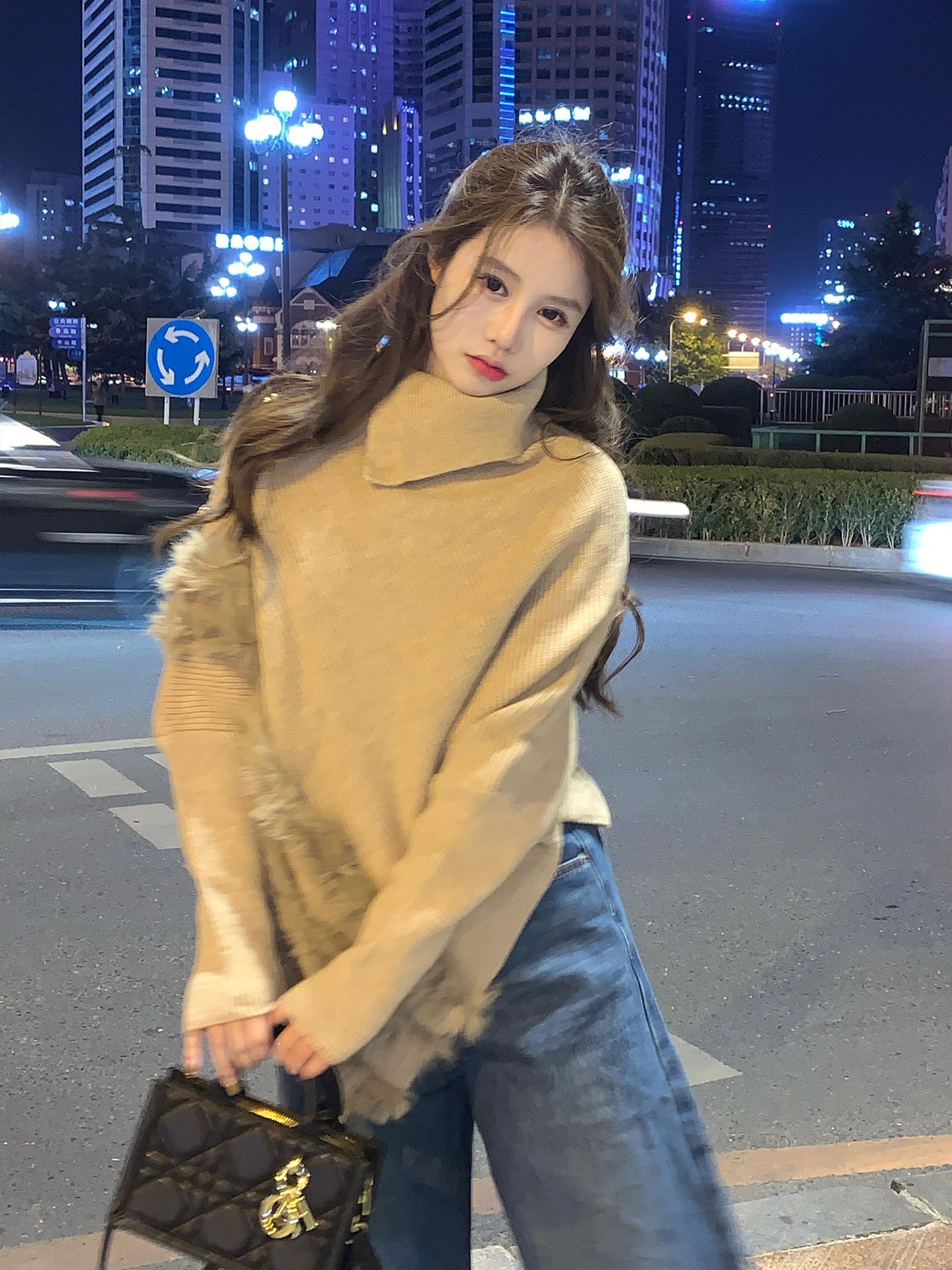 MY16455# 法式卡其色蝙蝠袖高领套头毛衣不规则宽松外穿毛边针织上衣女裝貨源服裝批發