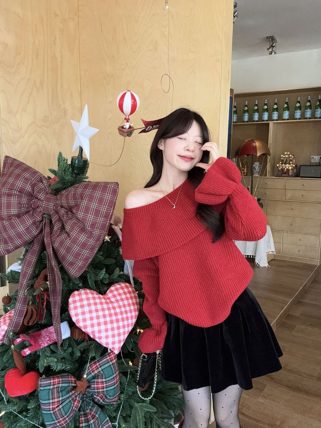 MY16454# 3根绵羊绒 版型很正 红色新年针织衫法式新款翻领韩系女裝貨源服裝批發