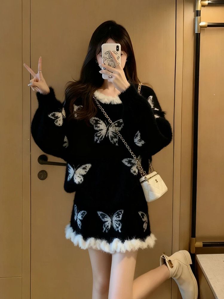 MY16450# 有黑边 和白边 两款 蝴蝶印花拼接毛边设计感针织套装女裝...