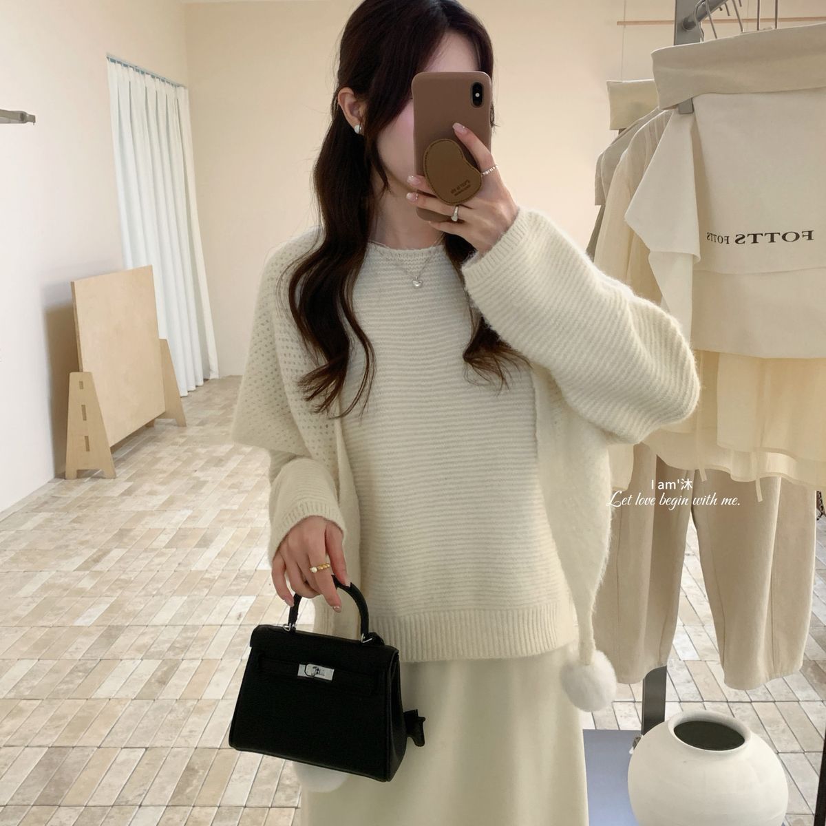 MY16449# 甜美可爱圆领加厚套头针织毛衣+毛球披肩女裝貨源服裝批發