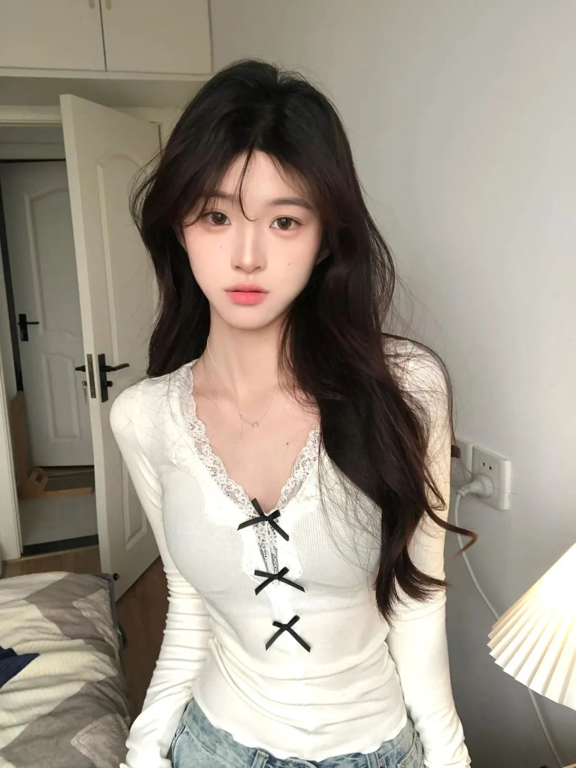 MY16448# 人棉 蝴蝶结v领长袖T恤修身辣妹上衣女裝貨源服裝批發